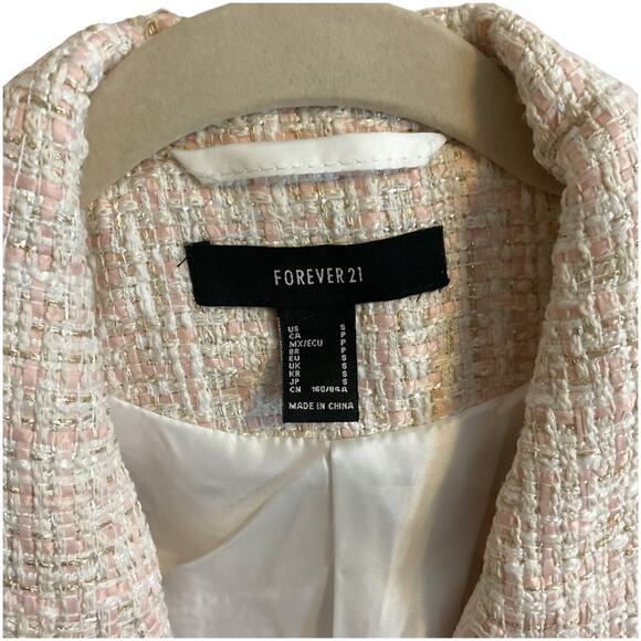 Forever 21 Blazer Women’s SZ S Pink Cream Gold Cropped Tweed Pocket Button Up - Picture 8 of 14